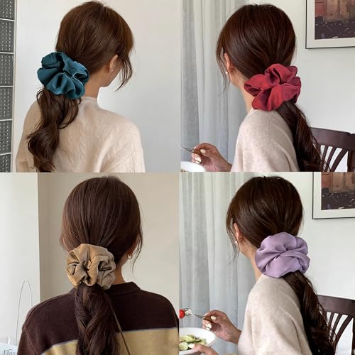 Big Satin Scrunchies for Women, 5.2 Inches Large Scrunchie, Silk Elastic Ponytail Holders for Girls, Jumbo Hair Ties for Thick/Curly Hair, Soft Scrunchy No Crease No Pilling, 4 Pack - color: Pruple+Coffee