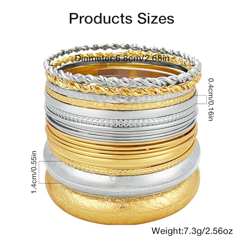 YBMYCM 10Pcs Gold-plated Bangle Bracelet Set for Women Multi Layer Stackable Wide Bangles Indian Chunky Bangle Bracelets Ethnic Glossy Textured Bracelets Wedding Outfit Jewelry - style: 20pcs-G-Silver
