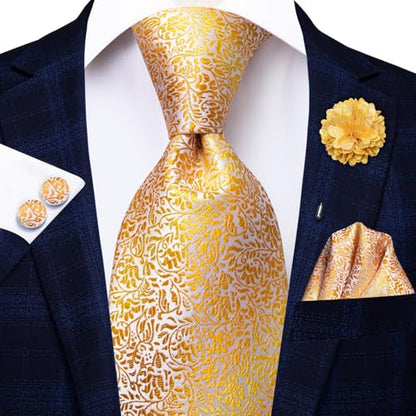 Hi-Tie Men's Silk Ties Formal Woven Classic Necktie Pocket Square Cufflinks Lapel Pin Set Wedding Business - color: B Yellow