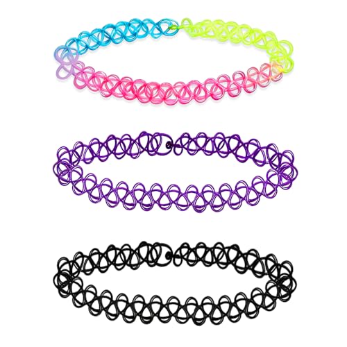 3PCS Black Tattoo Choker Necklace Rainbow Tattoo Chokers Necklace Purple Tattoo Choker 90s Chokers Gothic Y2K 2000s Collar Adjustable Stretchy Elastic Necklace Jewelry Gift for Women
