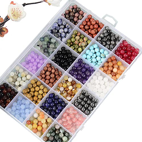 8mm Natural Mixed Materials Gemstones Beads Tiny Spacer Round Loose Beads Jewelry Making KIT with Thread 480 PCS(24 Natural, 8mm) - color: 24 Natural, size: 8mm