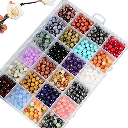 6mm Natural Mixed Materials Gemstones Beads Tiny Spacer Round Loose Beads Jewelry Making KIT with Thread 960 PCS(24 Natural, 6mm) - color: 24 Natural, size: 6mm