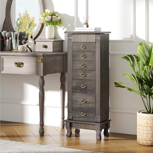 Giantex Standing Jewelry Cabinet with 7 Drawers, Flip-Top Mirror, 2 Side Doors with 12 Necklace Hooks, Divided Ring Compartments, Velvet-Lined Jewelry Armoire Organizer Chest (Weathered Gray) - color: Weathered Gray