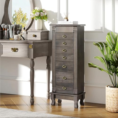 Giantex Standing Jewelry Cabinet with 7 Drawers, Flip-Top Mirror, 2 Side Doors with 12 Necklace Hooks, Divided Ring Compartments, Velvet-Lined Jewelry Armoire Organizer Chest (Weathered Gray) - color: Weathered Gray