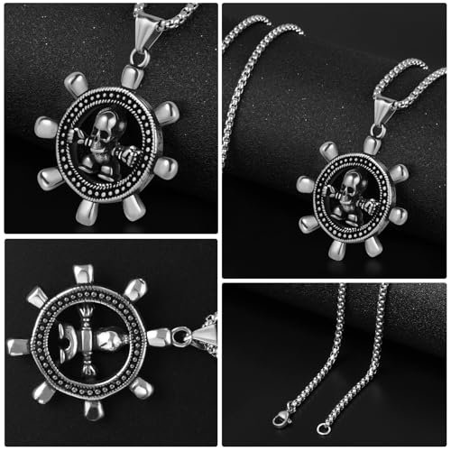 Stainless Steel Gothic Y2K Punk Rock Emo Biker Pendant Necklace | Cosplay Vintage Viking Alt Edgy Fashion Charm Necklace Jewelry for Men Women Active Daily Wear - style: Rudder Skull