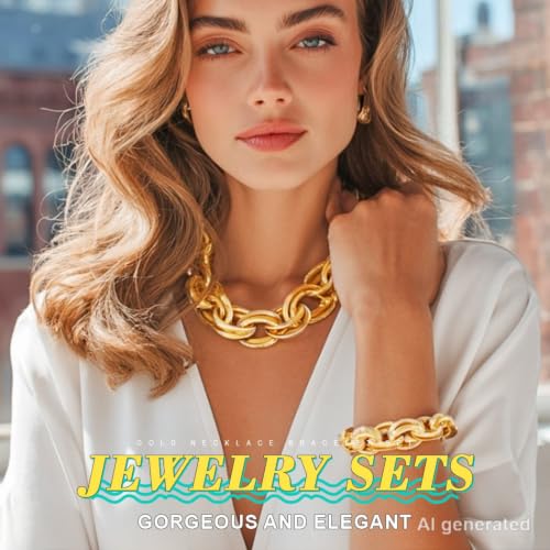 Chunky Choker Necklace Bracelet Sets Gold Cuban Link Chain Statement Jewelry Set for Women