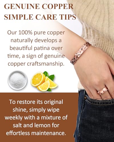 Pure Copper Bracelet and Ring Set – Copper Bracelet for Men & Women – 100% Solid, Raw & Uncoated Handmade Hammered Tibetan Cuff Bangle - color: copper079