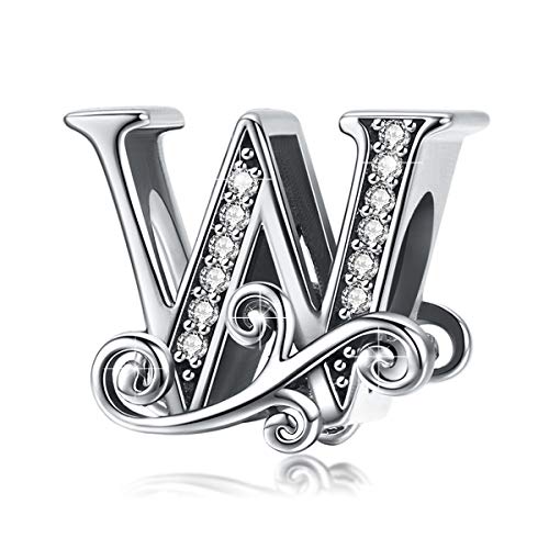 BISAER 925 Sterling Silver Initial Letter A-Z Charms for Bracelets Alphabet Beads Charm Jewelry Gifts - color: Letter W