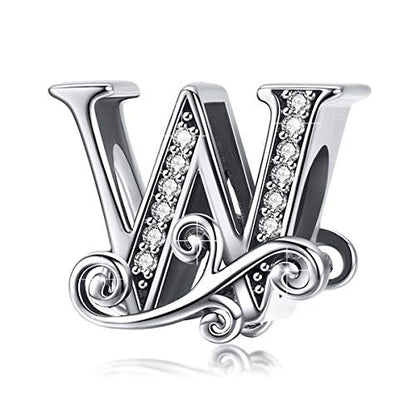 BISAER 925 Sterling Silver Initial Letter A-Z Charms for Bracelets Alphabet Beads Charm Jewelry Gifts - color: Letter W