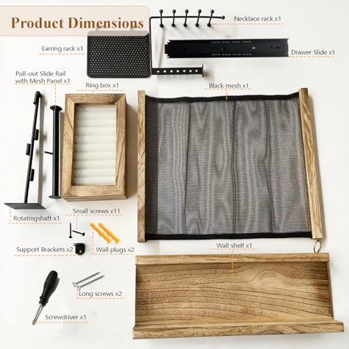 Jewelry Organizers and Storage, Wooden Wall Hanging Jewelry Holder | Retractable reinforced mesh, multi-grid classified storage, wooden top shelf, modern farmhouse boho decor for bedroom vanity