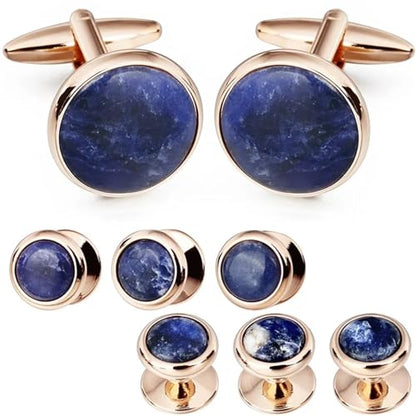 Elegant Mother-of-Pearl Cufflink & Stud Set for Men - Trendy Round Design for Weddings, Parties, and Ceremonies - color: Dark Blue