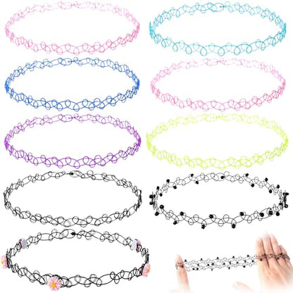PAGOW Tattoo Choker Set, Stretchy 90s Choker Necklace, Adjustable Retro Y2K Gothic Grunge Chokers Jewelry Accessories - color: 9 Colors,9Pcs