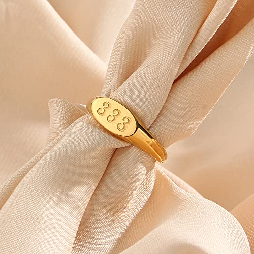 PAURO Women's Oval Angel Number Rings 111 222 333 444 555 666 777 888 999 | Stainless Steel Signet Style, Gold Plated Spiritual Statement Band, Numerology Jewelry Gift - color: Gold-333