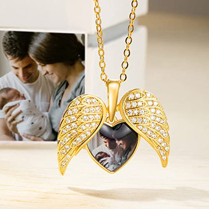 AILIN Personalized Angel Wing Locket Necklace Sterling Silver 925/Brass Custom CZ Heart Picture Locket Necklace For Her Guardian Angel Family Photo Pendant For Women Valentine Mother Birthday Gifts
