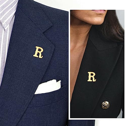 Initial Lapel Pin for Men Women, Brooch Pins for Men Suits, Metal Button Pins in 18K Gold and Silver Tone. - color: Gold-R