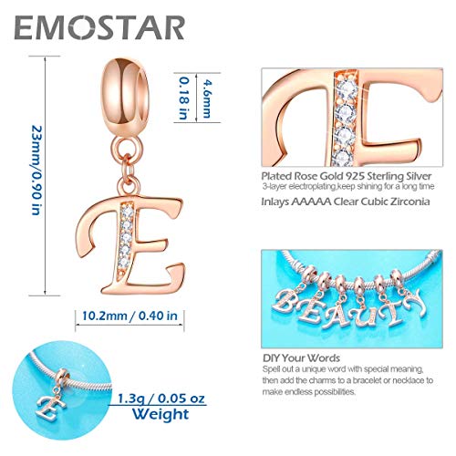 EMOSTAR Letter Charms Initial A-Z Alphabet Beads, Rose Gold 925 Sterling Silver Dangle CZ Birthstone Pendant, Gifts for European Charm Bracelet/Mothers Day/Birthday - color: Letter E