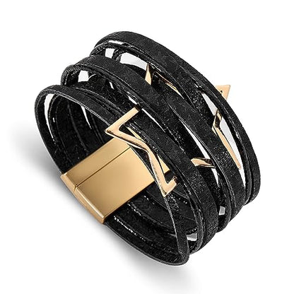 Fesciory Leather Wrap Bracelet for Women, Boho Western Layered Cuff Jewelry | Stackable Bracelets, Easy-On Clasp, Daily Wear, Pairs with Boho Western Outfits, Gift for Women - color: Black