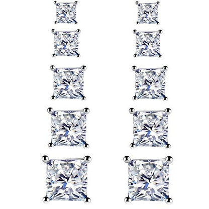 925 Sterling Silver Stud Earrings, 4 Pairs Square Cubic Zirconia Stud Earrings Set for Women Men 3 4 5 6mm - color: B-Silver 3/4/5/6/7mm