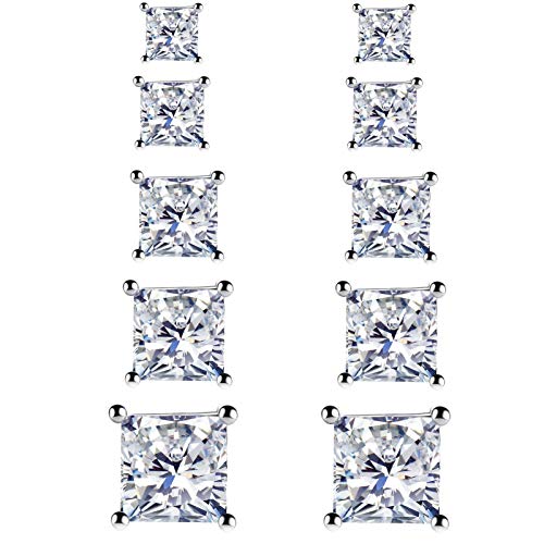 925 Sterling Silver Stud Earrings, 4 Pairs Square Cubic Zirconia Stud Earrings Set for Women Men 3 4 5 6mm - color: B-Silver 3/4/5/6/7mm