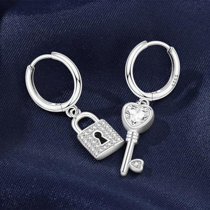 925 Sterling Silver Hoop Earrings Drop Dangle Earrings for Women Hypoallergenic Earring Trendy Huggie Earring Cute Graduation Birthday Gifts Jewelry for Women - color: Key lock earrings