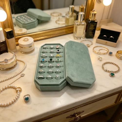 Velvet Ring Organizer Box - Ring Jewelry Box for Rings Earring, Jewelry Tray Rings holder Display Case for Girl Women (8.07"x4.13"x2.16") -PRB024-Mint Green - color: Mint Green
