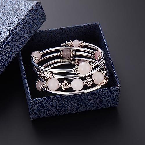 Beaded Pearl Bangle Wrap Bracelet - Fashion Bohemian Jewelry Multilayer Charm Bracelet with Thick Silver Metal Beads, Gift For Women - color: Pink crystal