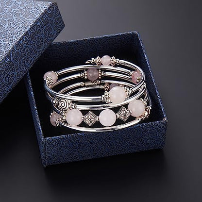 Beaded Pearl Bangle Wrap Bracelet - Fashion Bohemian Jewelry Multilayer Charm Bracelet with Thick Silver Metal Beads, Gift For Women - color: Pink crystal