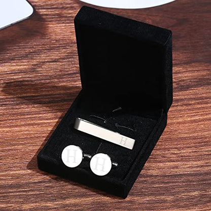 Initial Cuff Links Mens and Tie Clips for Men | Classic Silver Letter Alphabet A-Z Cufflinks and Tie Bar Set, Gifts for Men Father Husband for Formal Business Wedding - style: H