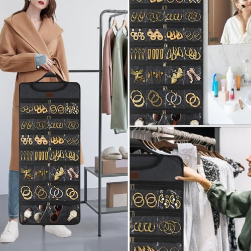 SMRITI Hanging Jewelry Organizer with Dual Zippered Pockets Canvas Double Sided Rotating Hanger Necklace Hanging Wall Organizer Earring Dustproof Holder Wall Mount Accessories Display Bag(Dark Grey) - color: #1-Dark Grey