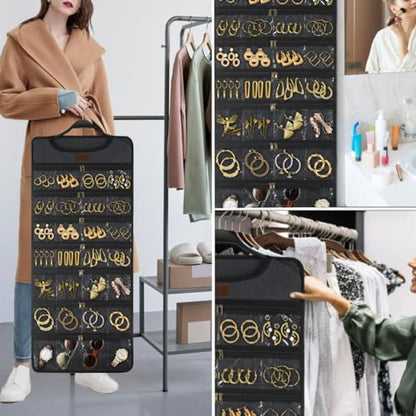 SMRITI Hanging Jewelry Organizer with Dual Zippered Pockets Canvas Double Sided Rotating Hanger Necklace Hanging Wall Organizer Earring Dustproof Holder Wall Mount Accessories Display Bag(Dark Grey) - color: #1-Dark Grey