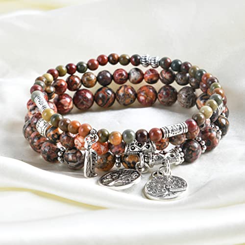 YGLINE Tree of Life Yoga Healing Stone Bracelets,Multilayer Lotus Chakra Stone Reiki Bracelet Sets,Anxiety Crystal Natural Stone,for Women Stress Relief - color: Leopard Skin Jasper-3w