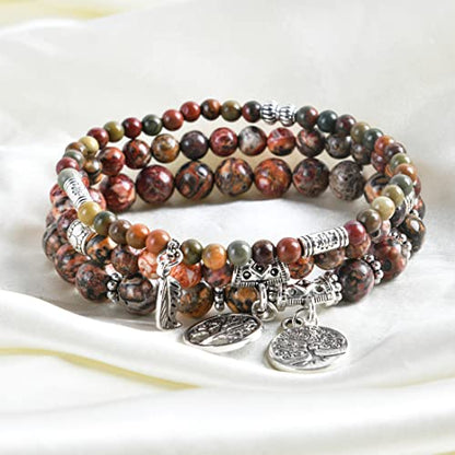 YGLINE Tree of Life Yoga Healing Stone Bracelets,Multilayer Lotus Chakra Stone Reiki Bracelet Sets,Anxiety Crystal Natural Stone,for Women Stress Relief - color: Leopard Skin Jasper-3w