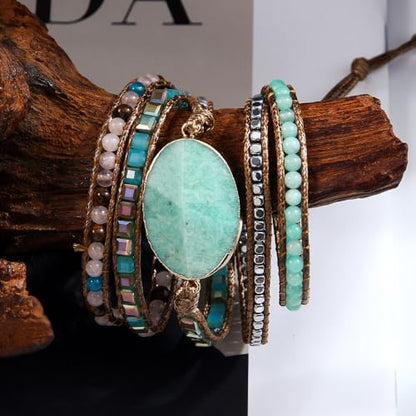 Women Wrap Bracelets Boho Natural Stone Jasper Turquoises Strand Bracelet Jewelry Collection - color: Amazonite