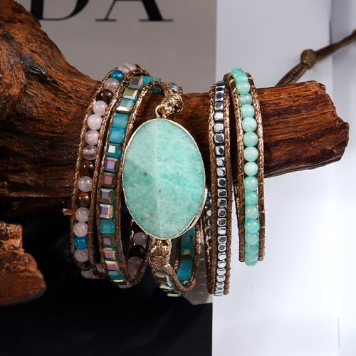 Women Wrap Bracelets Boho Natural Stone Jasper Turquoises Strand Bracelet Jewelry Collection - color: Amazonite