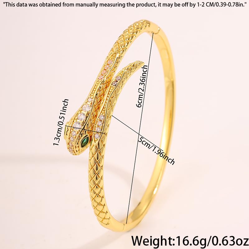 Gold Snake Bangle Bracelet for Women, Cubic Zirconia Copper Cuff Jewelry | Gold-plated copper snake cuff with cubic zirconia, green stone accent and comfortable open cuff design.