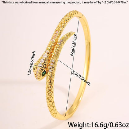 Gold Snake Bangle Bracelet for Women, Cubic Zirconia Copper Cuff Jewelry | Gold-plated copper snake cuff with cubic zirconia, green stone accent and comfortable open cuff design.