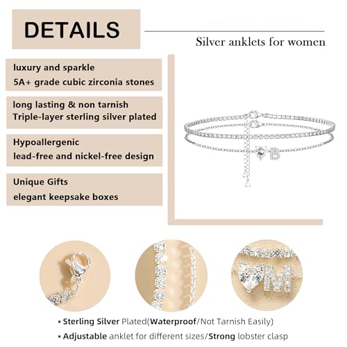Heart Initial Silver Anklets for Women Waterproof Dainty Silver Plated ankle bracelets for women Large Ankle Women's Anklets Tennis ankle bracelets Non Tarnish Summer Beach Foot Jewelry - style: Silver-B