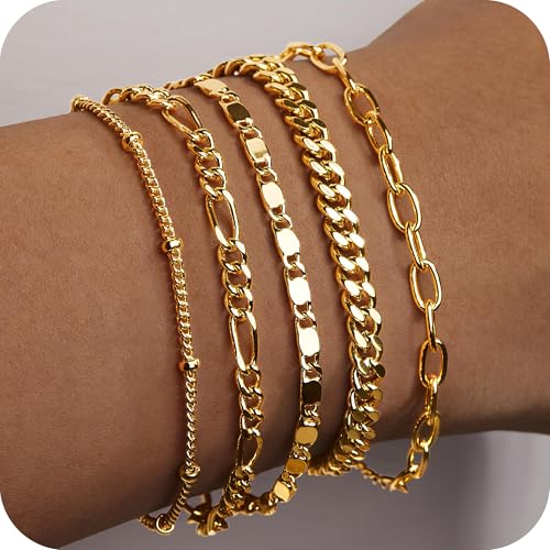 Gold Bracelets Set for Women Non Tarnish Trendy,14K Gold Plated Dainty Stackable Paperclip Cuban Link Chain Bracelets, Simple Cute Cuff Bracelets Jewelry Set Adjustable 7"+2" - color: Gold