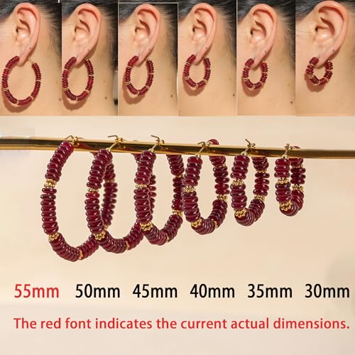 Wellike Beaded Hoop Earrings for Women Natural Stone Pink Gold Huggie Earrings Hypoallergenic Dainty Waterproof Trendy Jewelry - color: Burgundy, size: 55mm