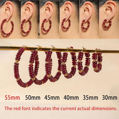 Wellike Beaded Hoop Earrings for Women Natural Stone Pink Gold Huggie Earrings Hypoallergenic Dainty Waterproof Trendy Jewelry - color: Burgundy, size: 55mm