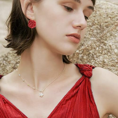 Handmade Bohemian Aesthetic Dainty Acrylic Flower Petal Leverback Earrings Sparkly 14K Gold Floral Dangle Drop Earrings for Women - color: Red