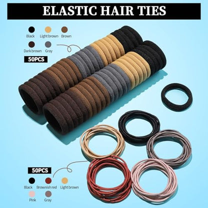 FANDAMEI Hair Accessories Kit - Elastic Hair Ties, Cotton Bands, Rubber Bands, Hair Pins, Rat Tail Comb for Women