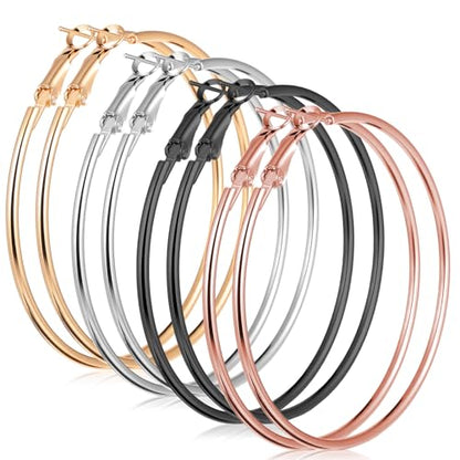 4 Pairs Stainless Steel Big Hoop Earrings for Women Gold Silver Rose Gold Black 2.3 Inch Large Circle Hoop Earrings