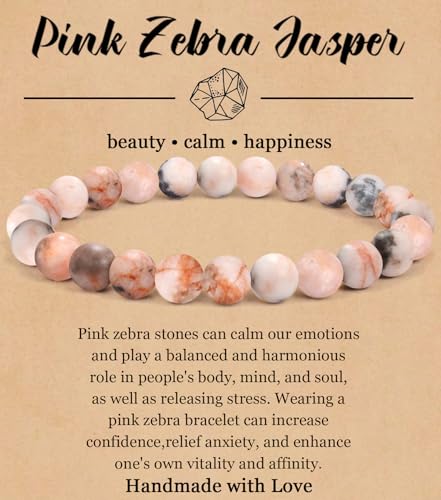 BOMAIL Natural Stone Beaded Bracelet for Women Men | 8mm Round Beads,Healing Crystal,Semi-Precious Gemstone,Yoga,Stretch,Bracelets Jewelry Gift - color: Pink Zebra Stone