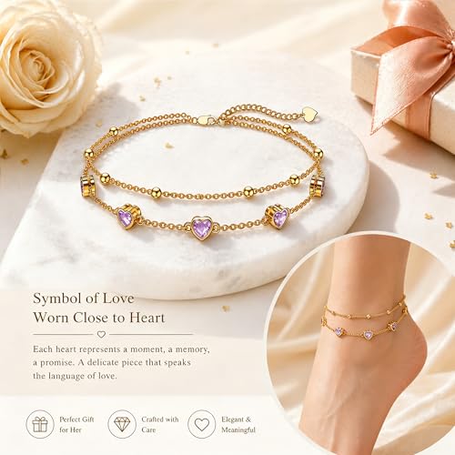 Midari 18K Yellow Gold Gemstone Birthstone Anklet Bracelet Heart Jewelry with 12 Months Birthstone Birthday Gifts for Women Wife Her Daughter Mom - color: 06-Light Violet, size: Anklet 9"-11"