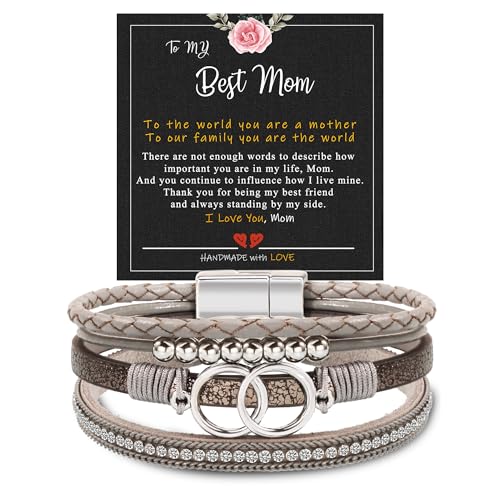 Bracelets for Women, Gifts for Mom Her Christmas Gift 2026 Leather Bracelets for Women Birthday Gift for Daughter Inspirational Wrap Bracelet Sister Friend Teen Girl Gift Layered Stocking Stuffers Jewelry - style: 1 To Mom - Grey
