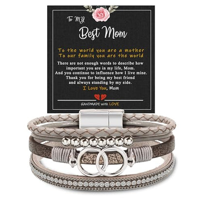 Bracelets for Women, Gifts for Mom Her Christmas Gift 2026 Leather Bracelets for Women Birthday Gift for Daughter Inspirational Wrap Bracelet Sister Friend Teen Girl Gift Layered Stocking Stuffers Jewelry - style: 1 To Mom - Grey