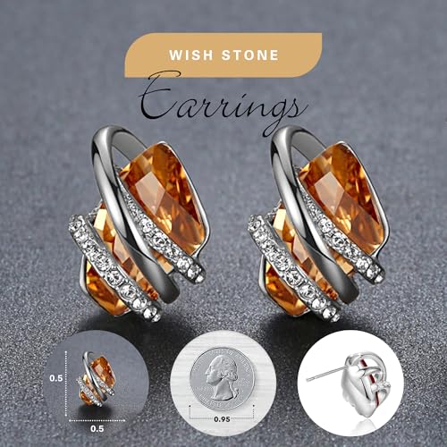 Gifts for Women, Wish Stone Stud Earrings with Birthstone Crystals, 18K Rose Gold Plated or Silver-tone - color: 211-November-Amber Brown-Silvertone