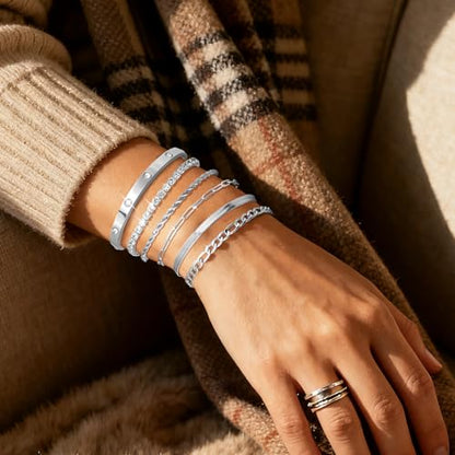 MOINSPIRE Bracelets for Women Non Tarnish, Dainty 18K Gold Plated Bracelets Stack Trendy Waterproof Stackable Bangles, Cuban Link Paperclip Chain Jewelry Set Fashion Accessories Gifts for Women - color: A5-Silver Clip Bead + Bracelet