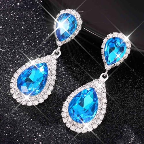 Catery Crystal Wedding Earrings Silver Rhinestone Ear Rings Teardrop Bridal Ear Jewelry for Brides and Women - color: Aquamarine